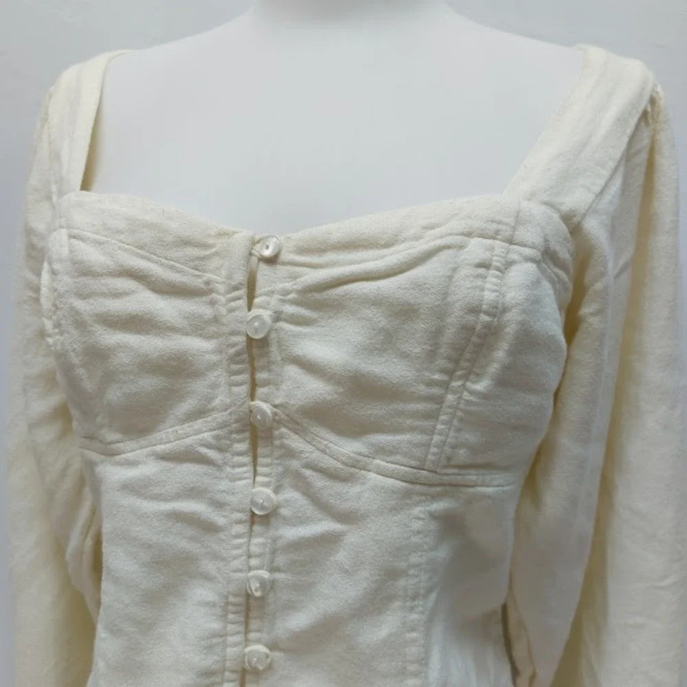 Free People Blouse Women's Small Cream Corset Button Front Puff Sleeve Tie Back